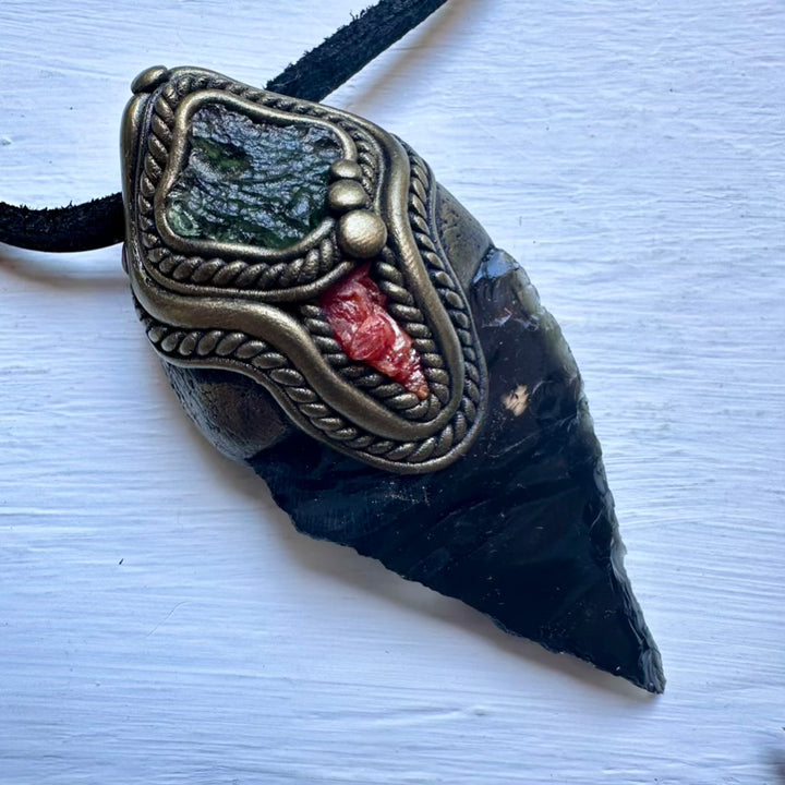 Black Obsidian Arrowhead Moldavite and Vanadinite Pendant Necklace, Healing Crystal Jewelry - FairyGardenGlow