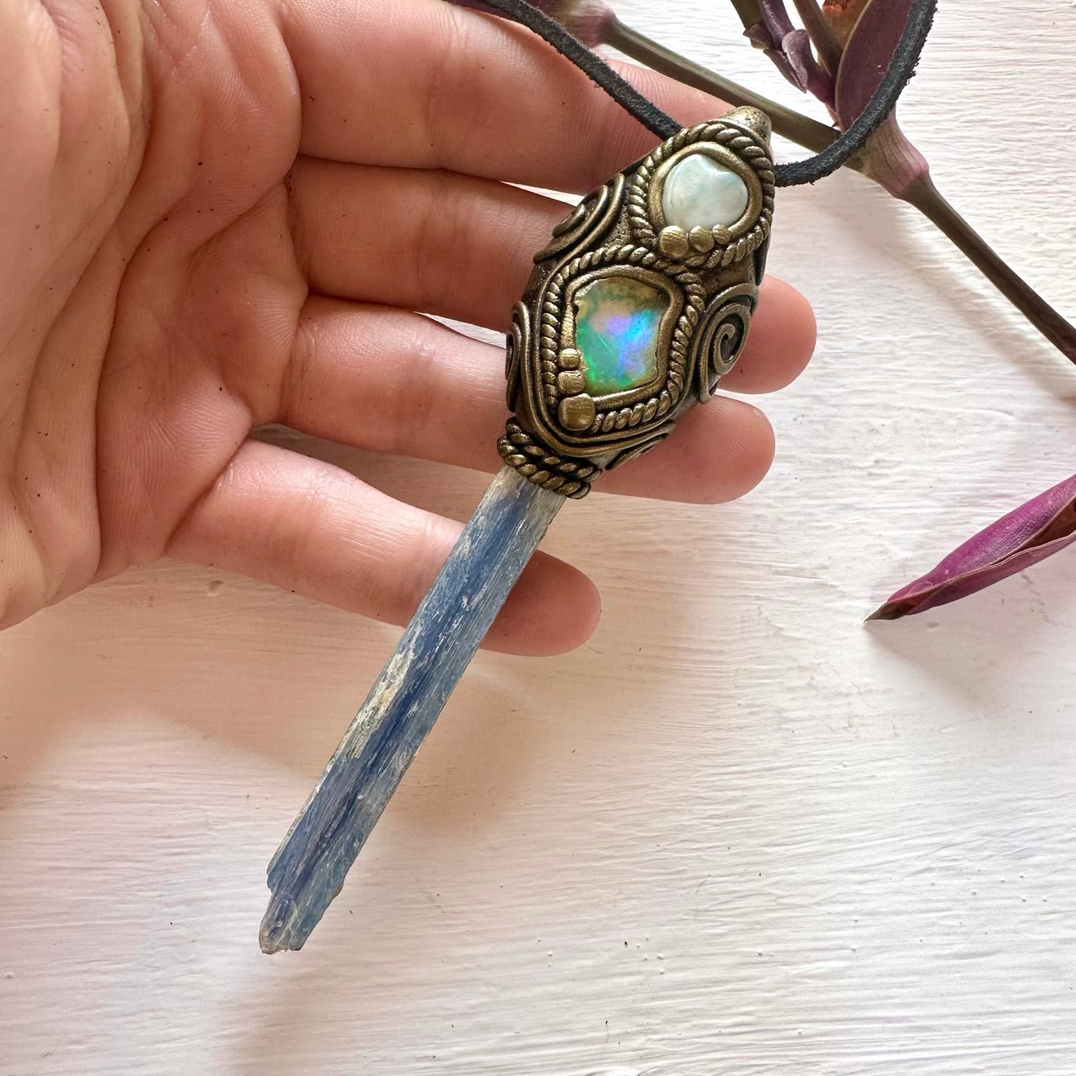 Blue Kyanite Larimar and Raw Opal Wand/ Pendant - FairyGardenGlow