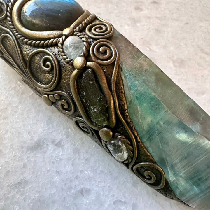 Large Aqua Aura Lemurian Quartz Obsidian Blue Labradorite Heart Australian Crystal Opal Moldavite Aquamarine and Clear Topaz Wand, Healing Crystal Tool - FairyGardenGlow
