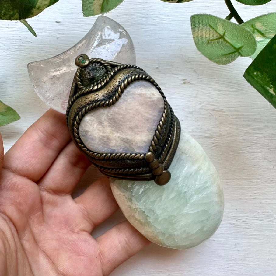 Handmade Crystal Wand with Pistachio Calcite Clear Quartz Moon Moldavite Moonstone Heart and Emerald - FairyGardenGlow