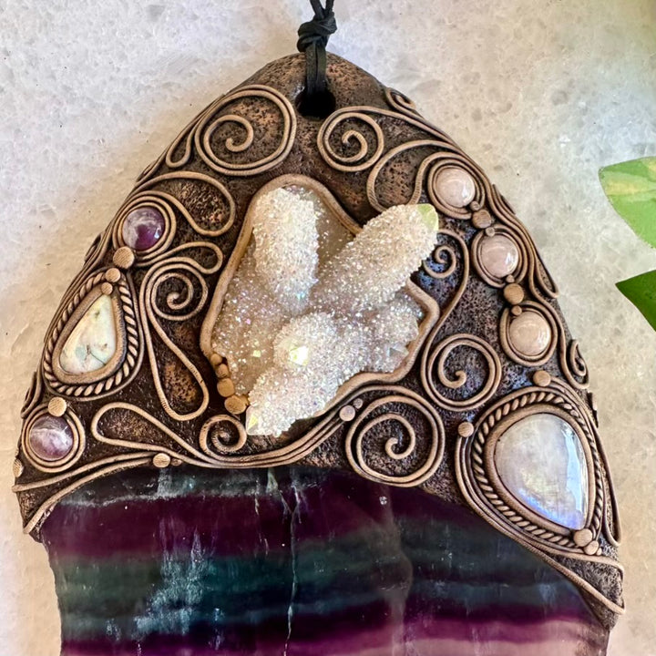 Handmade Wall Hanging, Unique Crystal Home Decor with Rainbow Fluorite Angel, Aura Spirit Quartz, Rainbow Moonstone, Morganite, Australian Opal and Amethyst - FairyGardenGlow