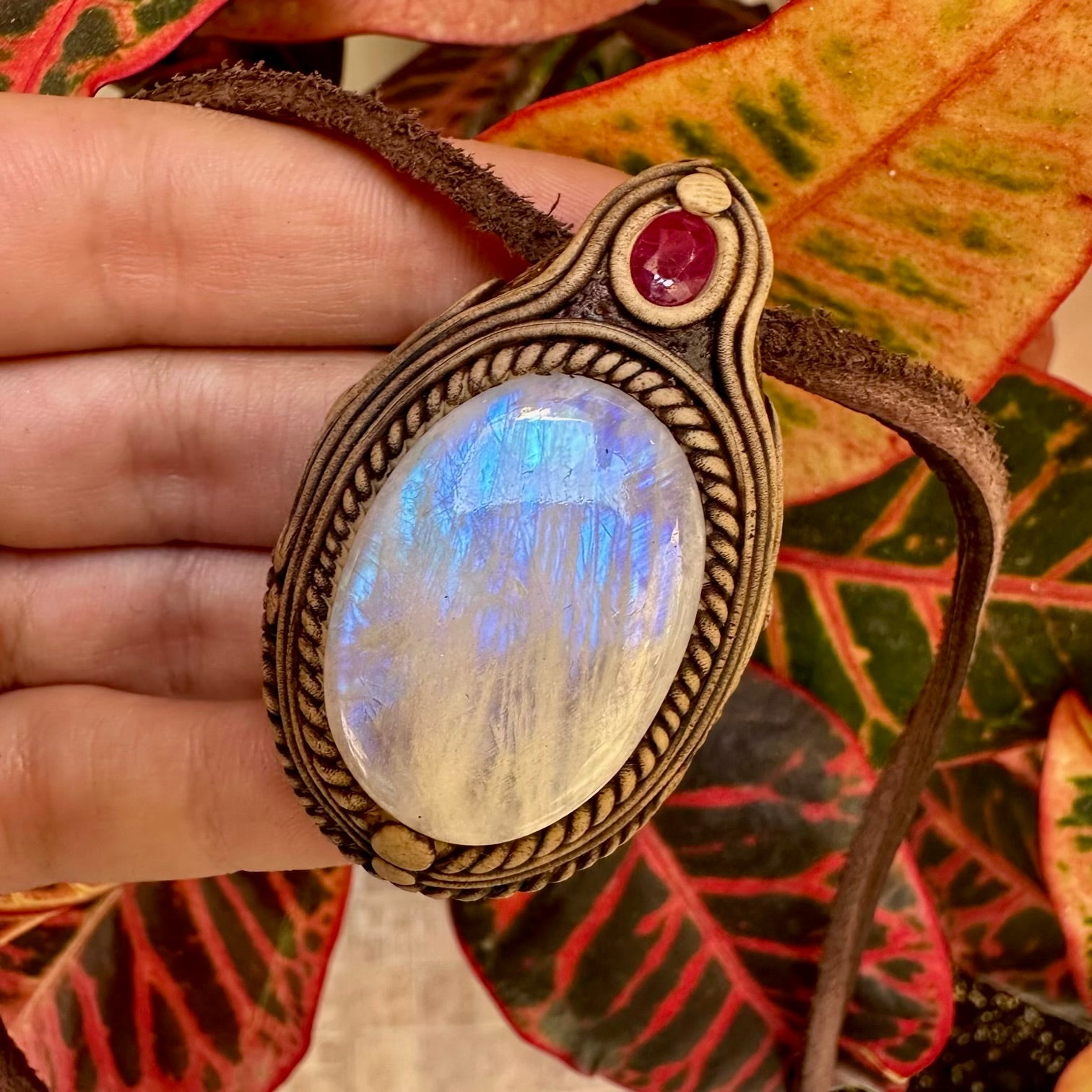 Rainbow Moonstone and Ruby Necklace - FairyGardenGlow