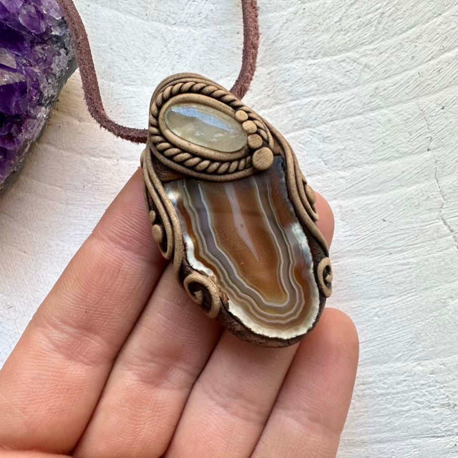 Agate and Aquamarine Pendant Necklace - FairyGardenGlow
