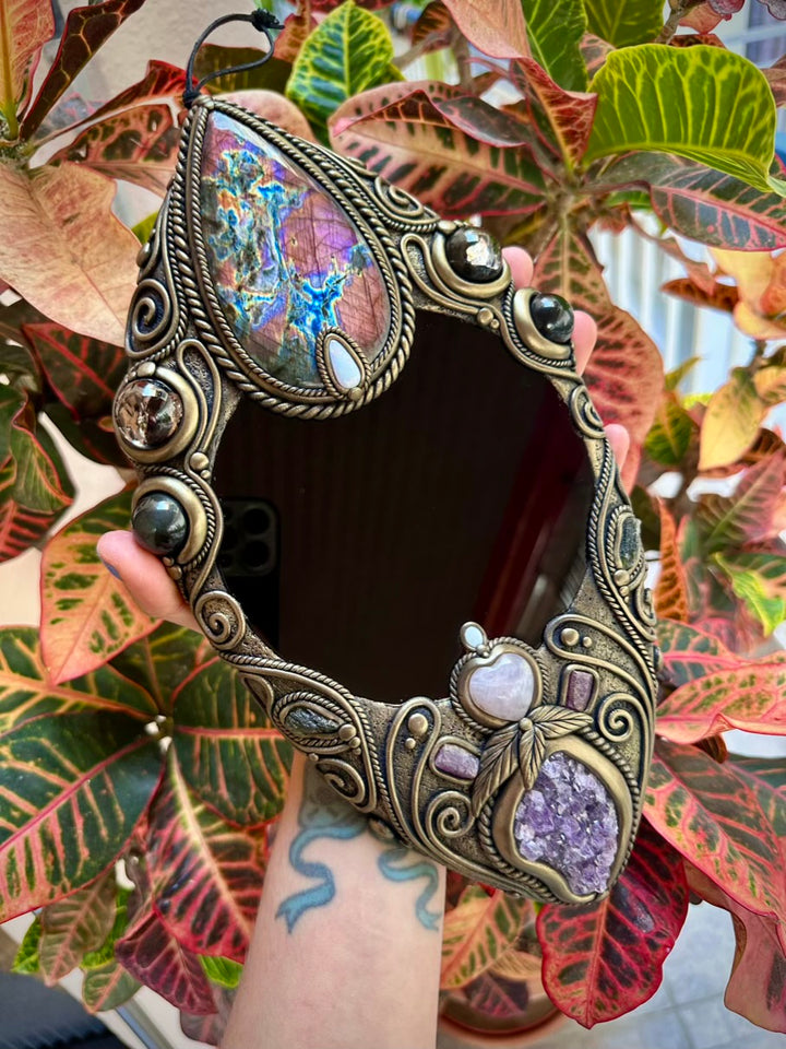 Crystal Wall Hanging - Handmade Unique Crystal Home Decor Art, with Black Obsidian Mirror, Large Purple Labradorite, Rainbow Obsidian, Smoky Quartz, Amethyst Cluster, Rose Quartz Heart, Moldavite, Ruby and Australian Opal - FairyGardenGlow