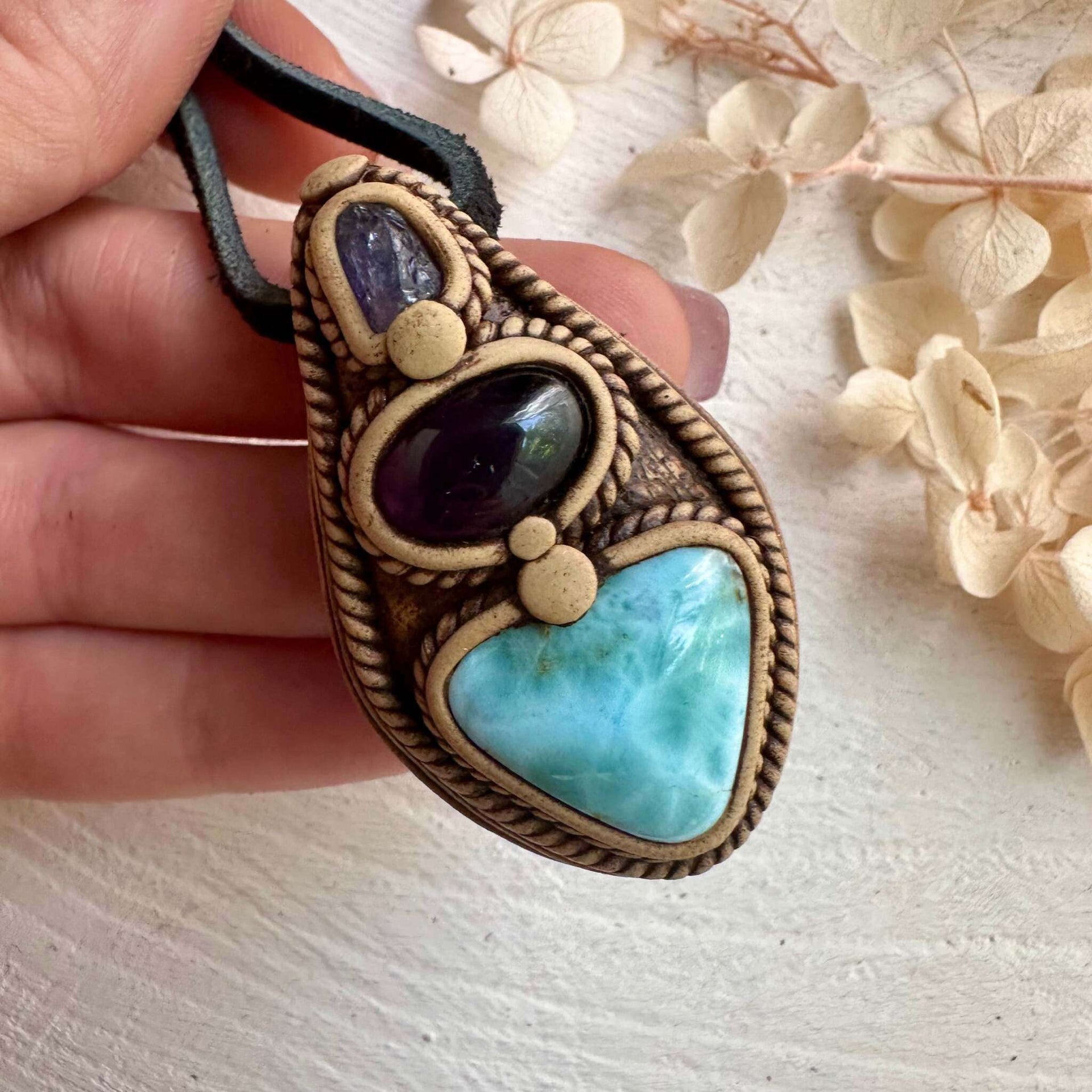 Larimar Amethyst and Tanzanite Pendant Necklace