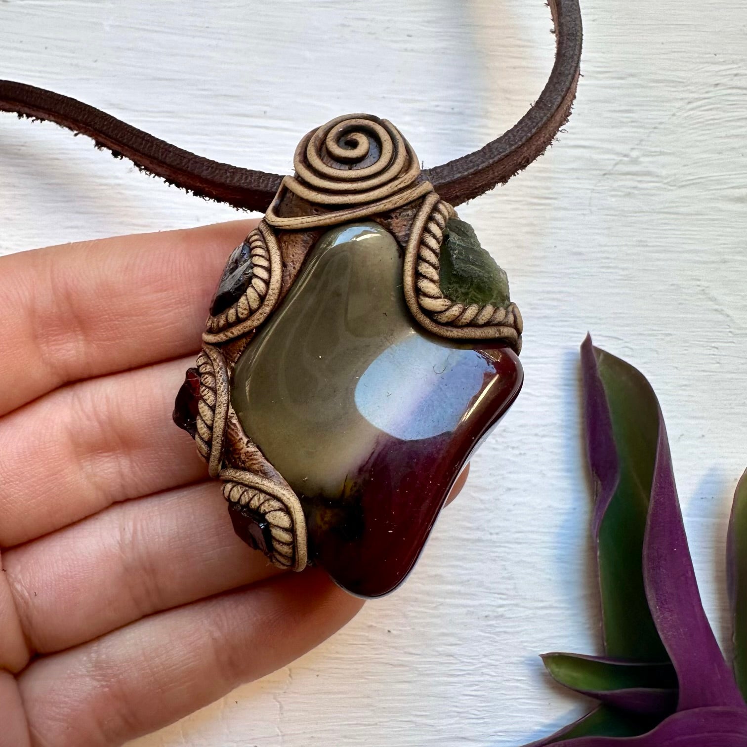 Mookaite Jasper Moldavite and Red Garnet Necklace - FairyGardenGlow