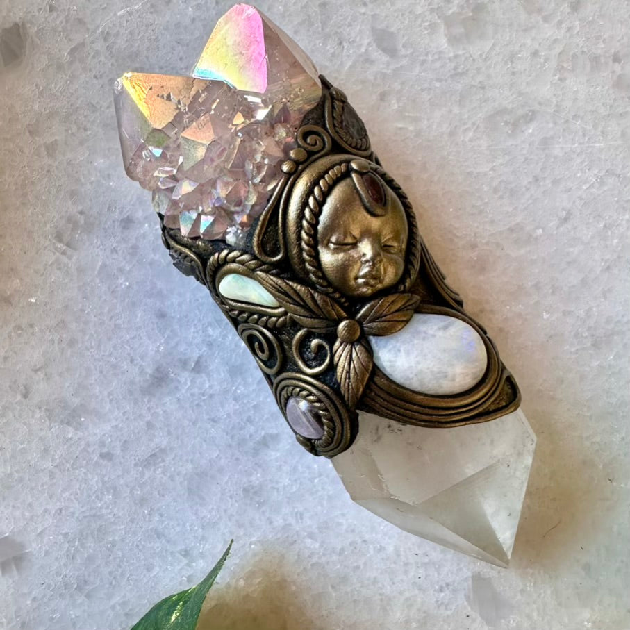 Clear Quartz Angel Aura Spirit Quartz Moonstone Australian Opal Amethyst Tanzanite and Garnet Goddess Necklace - FairyGardenGlow