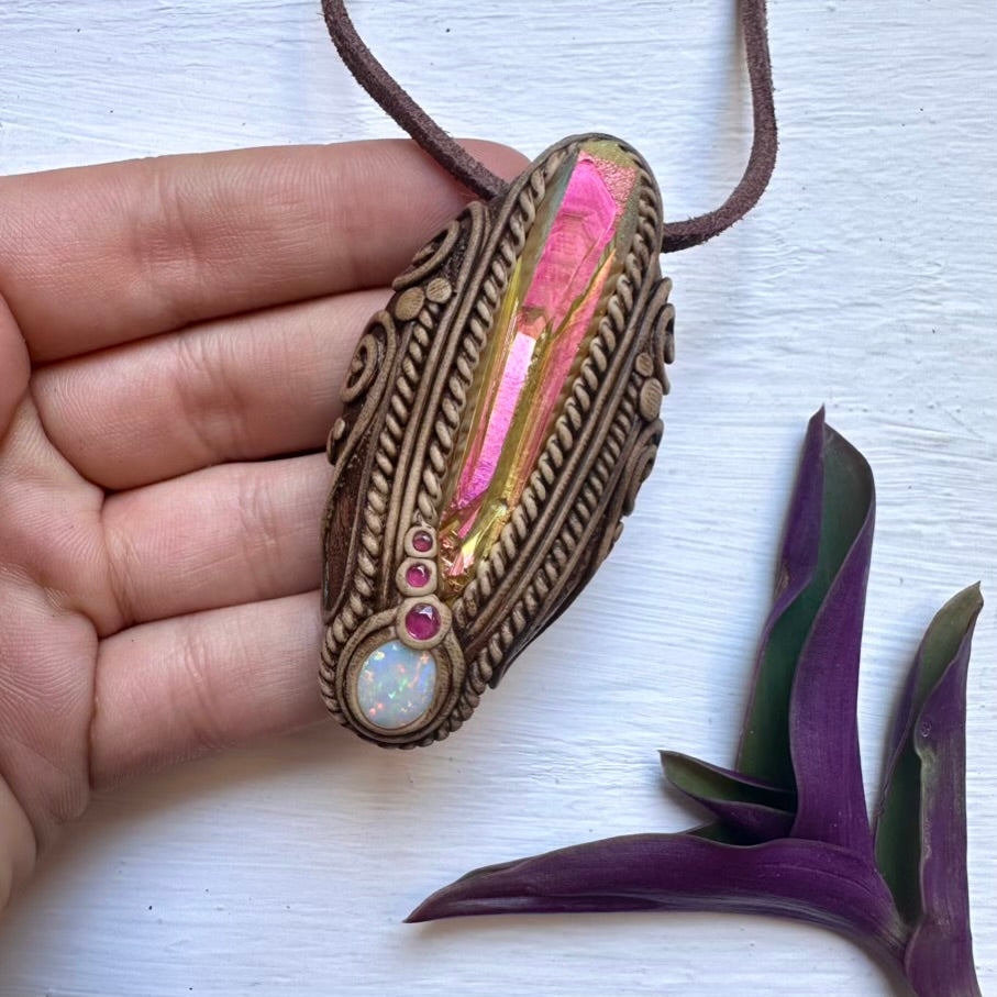 Sunset Aura Quartz Australian Opal and Ruby Necklace - FairyGardenGlow