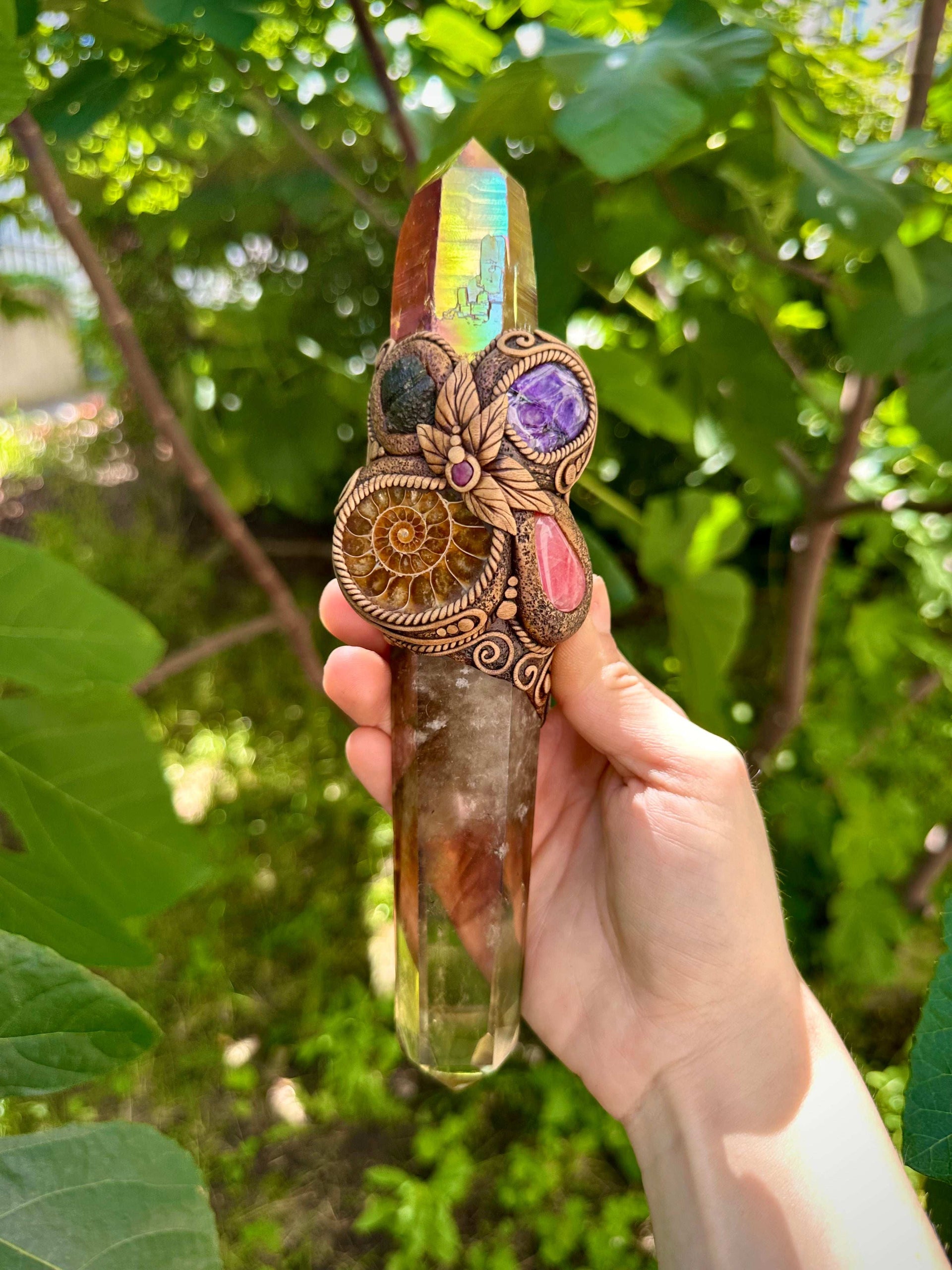 Crystal Wand - Citrine, Sunset Aura Quartz, Ammonite, Rhodochrosite, Charoite, Moldavite and Ruby - FairyGardenGlow