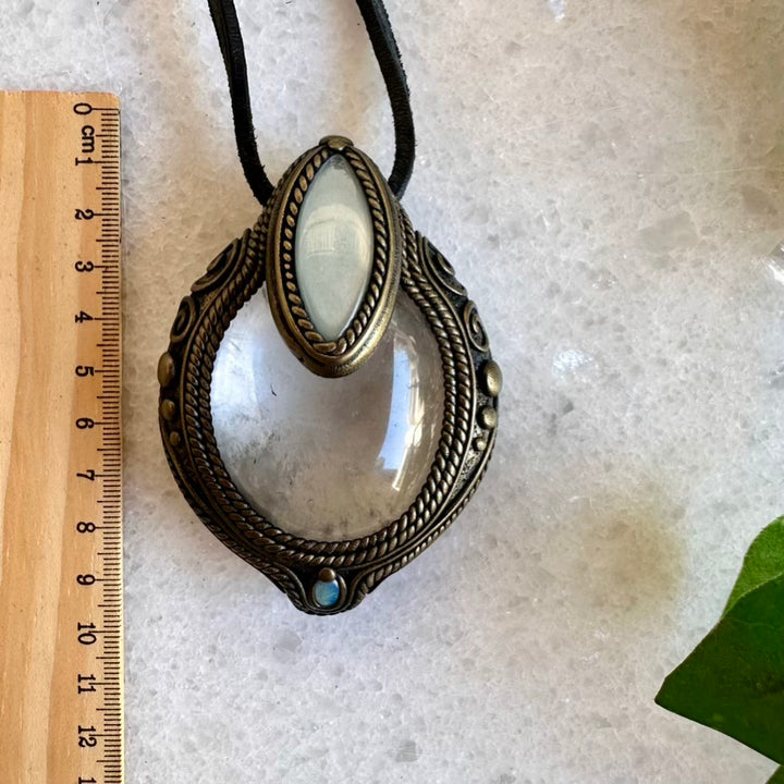 Clear Quartz White Moonstone and Australian Opal Pendant, Healing Crystal Talisman - FairyGardenGlow
