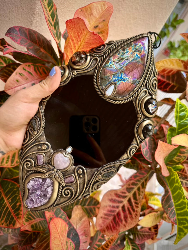 Crystal Wall Hanging - Handmade Unique Crystal Home Decor Art, with Black Obsidian Mirror, Large Purple Labradorite, Rainbow Obsidian, Smoky Quartz, Amethyst Cluster, Rose Quartz Heart, Moldavite, Ruby and Australian Opal - FairyGardenGlow