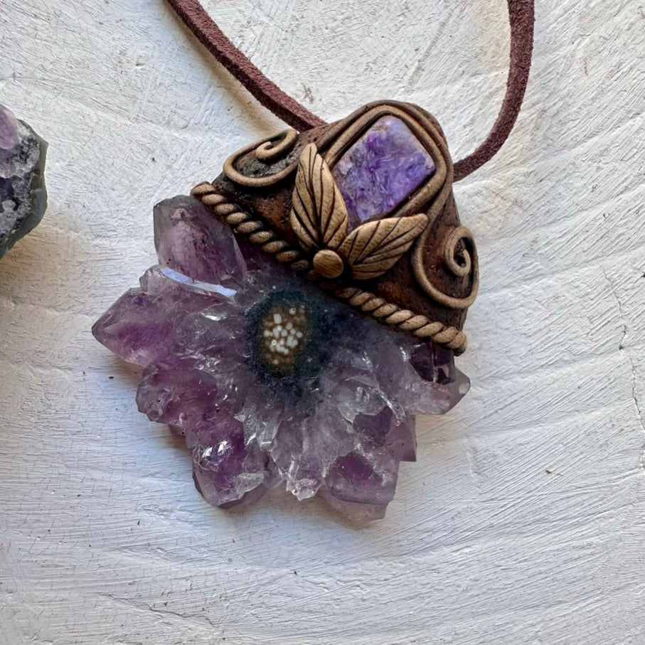 Amethyst Stalactite and Charoite Necklace, Healing Crystal Jewelry - FairyGardenGlow