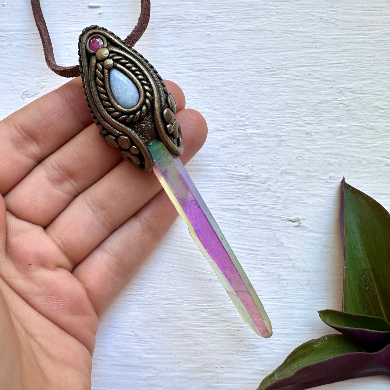 Angel Aura Quartz Australian Opal and Ruby Necklace, Unique Crystal Pendant