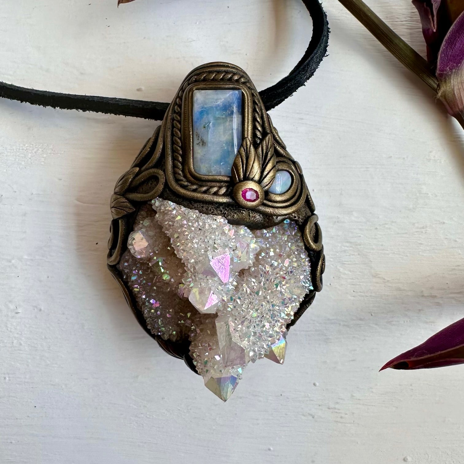 Angel Aura Spirit Quartz Rainbow Moonstone Australian Opal and Ruby Wand / Necklace - FairyGardenGlow