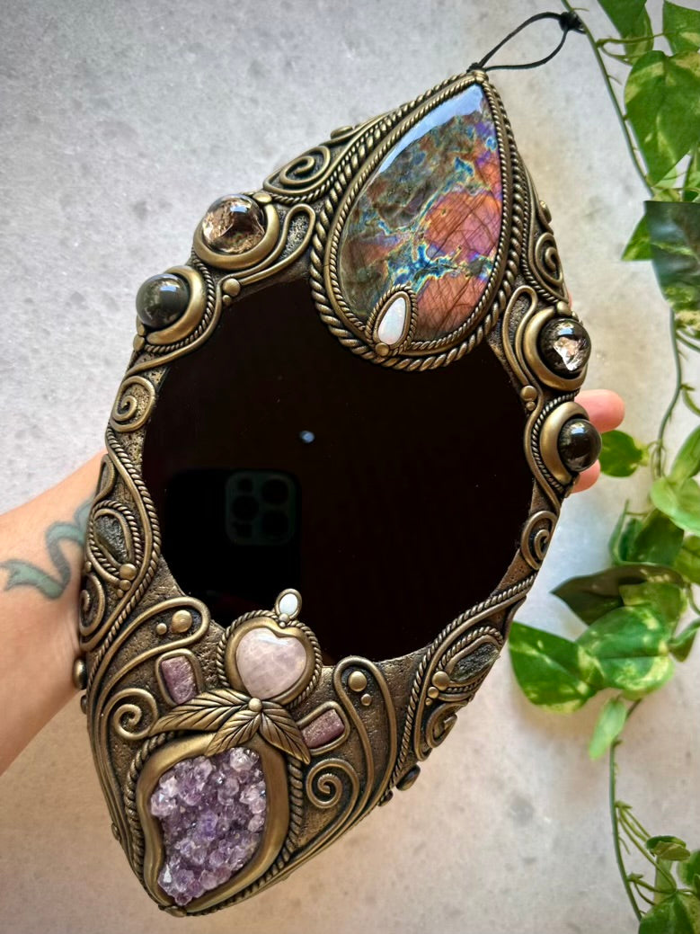Crystal Wall Hanging - Handmade Unique Crystal Home Decor Art, with Black Obsidian Mirror, Large Purple Labradorite, Rainbow Obsidian, Smoky Quartz, Amethyst Cluster, Rose Quartz Heart, Moldavite, Ruby and Australian Opal - FairyGardenGlow