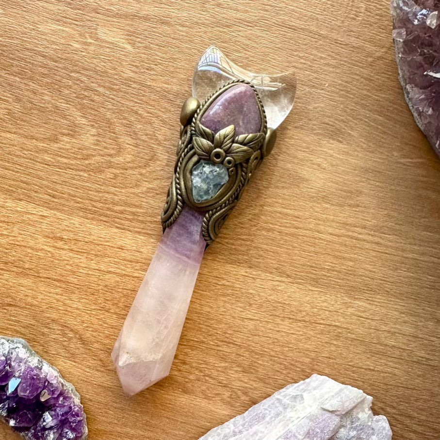 Lavender Fluorite Wand, Clear Quartz Moon, Lepidolite and Celestite Handmade Crystal Wand - FairyGardenGlow
