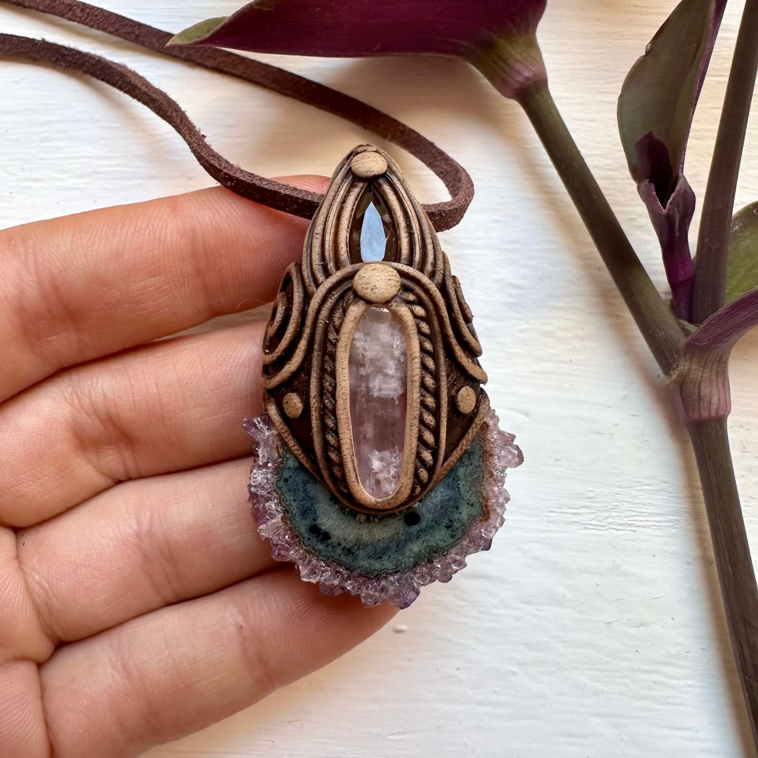 Amethyst Stalactite Kunzite and Smoky Quartz Necklace - FairyGardenGlow