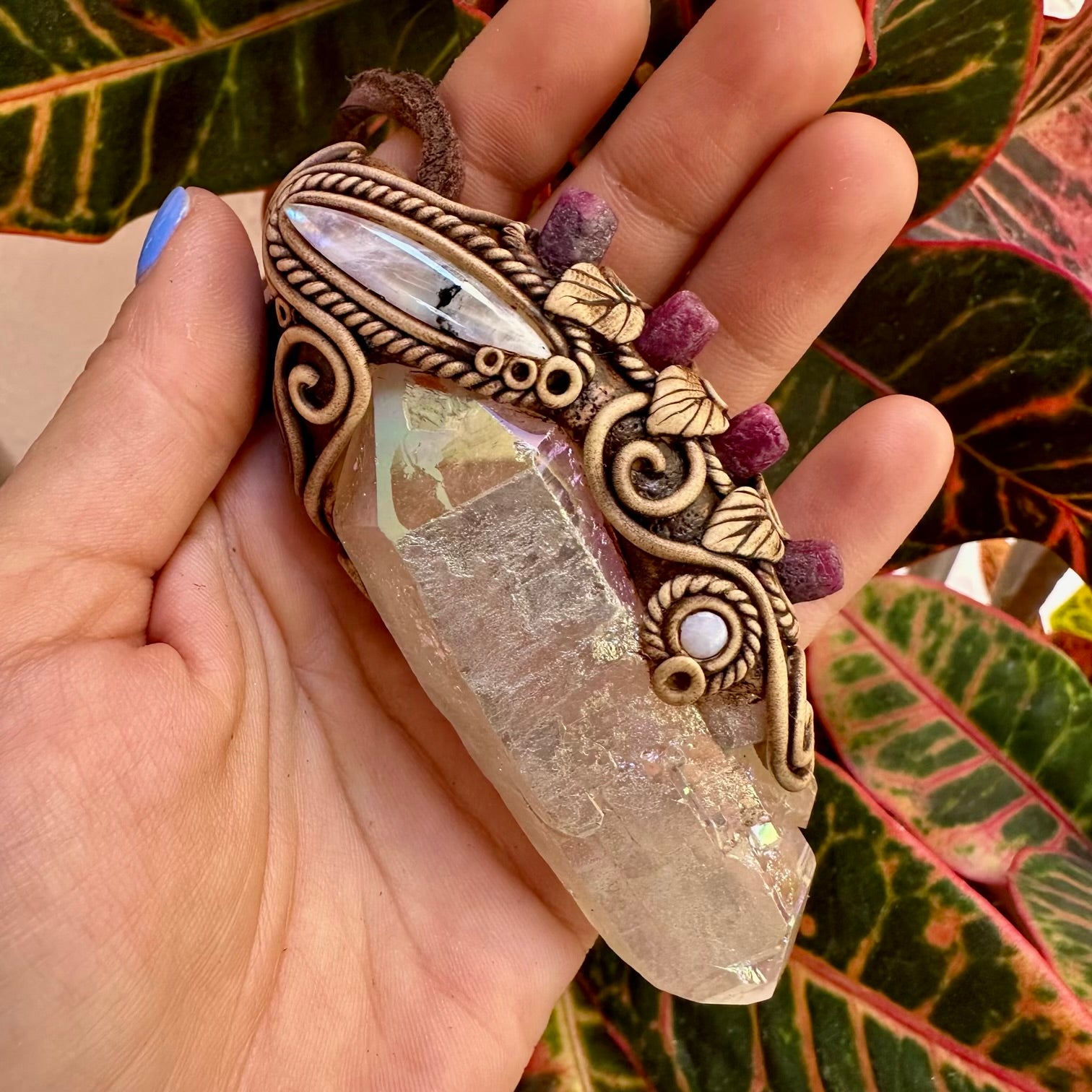 Angel Aura Quartz Ruby Moonstone and Australian Opal Wand / Pendant, Healing Crystal Handmade Wand - FairyGardenGlow