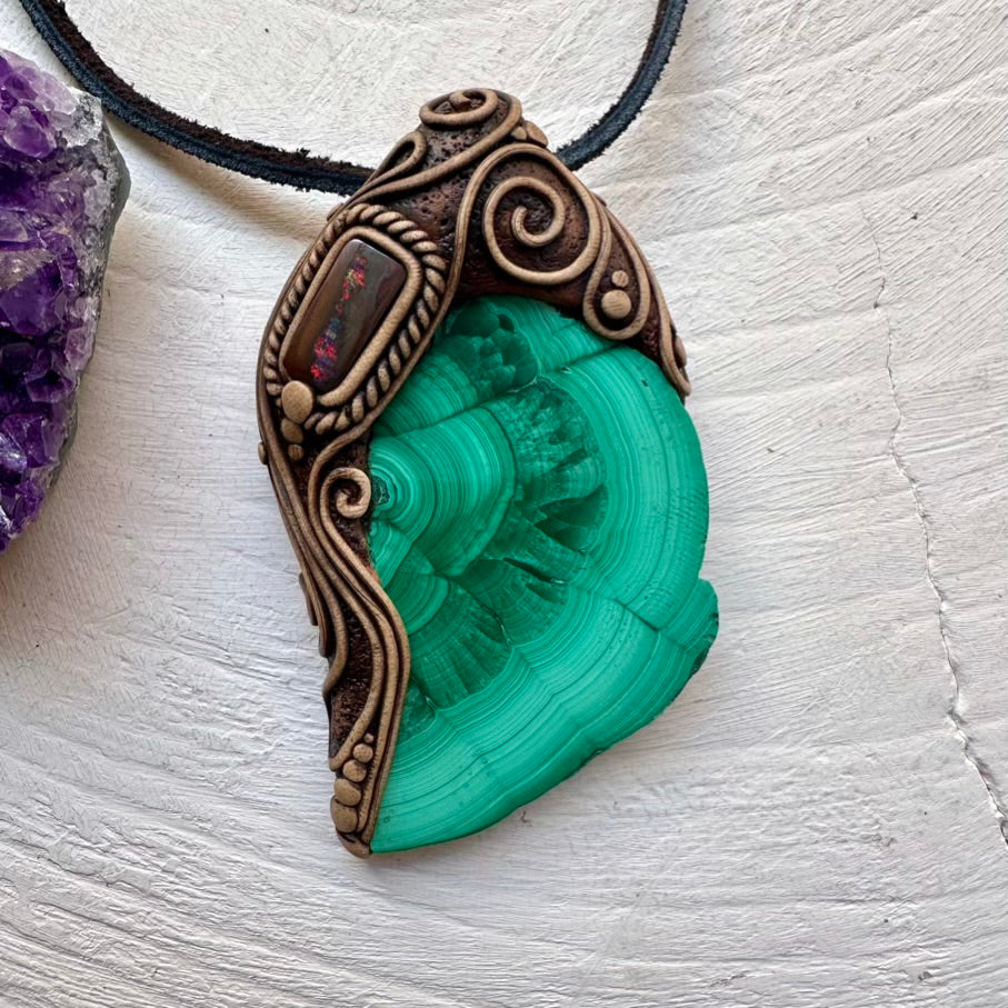Malachite Slice and Boulder Opal Pendant, Unique Handmade Crystal Jewelry - FairyGardenGlow