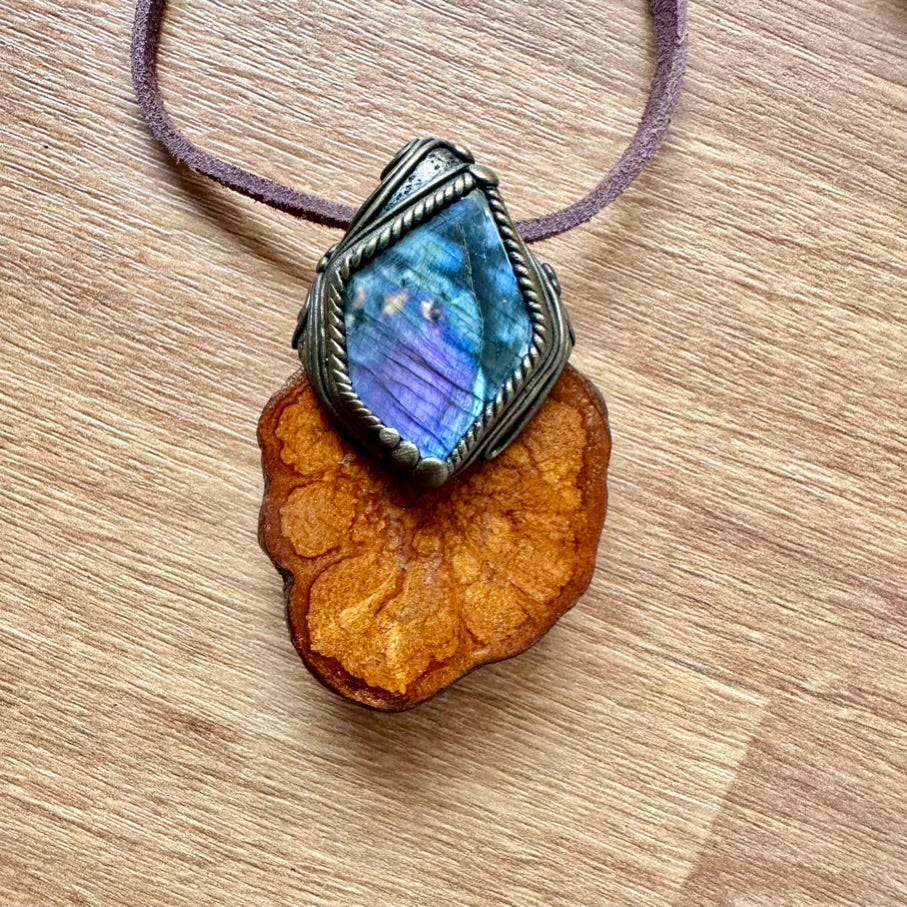 Ayahuasca Slice and Purple Labradorite Pendant Necklace - FairyGardenGlow