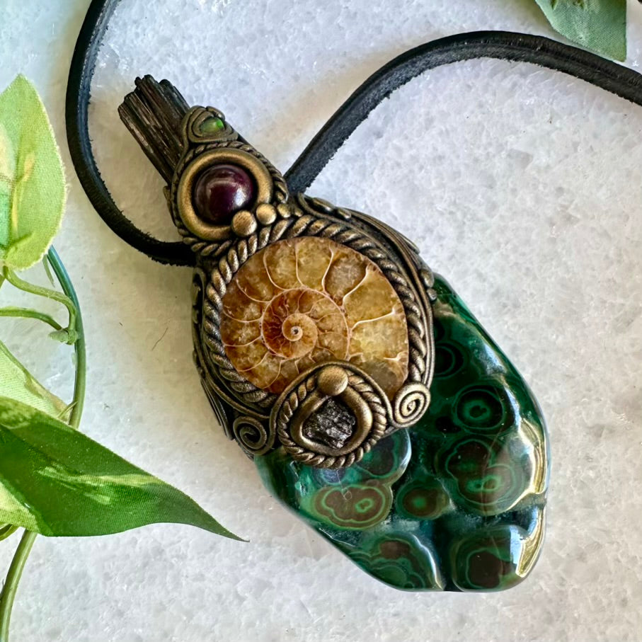 Malachite Ammonite Moldavite Black Tourmaline Ruby and Opal Wand / Healing Crystal Talisman - FairyGardenGlow