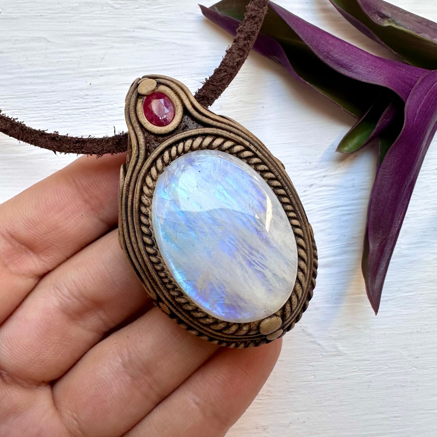Rainbow Moonstone and Ruby Necklace - FairyGardenGlow