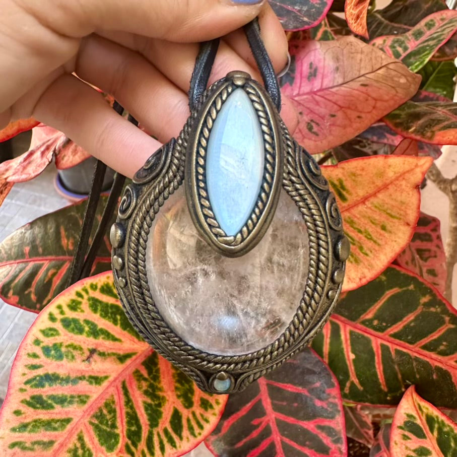 Clear Quartz White Moonstone and Australian Opal Pendant, Healing Crystal Talisman - FairyGardenGlow