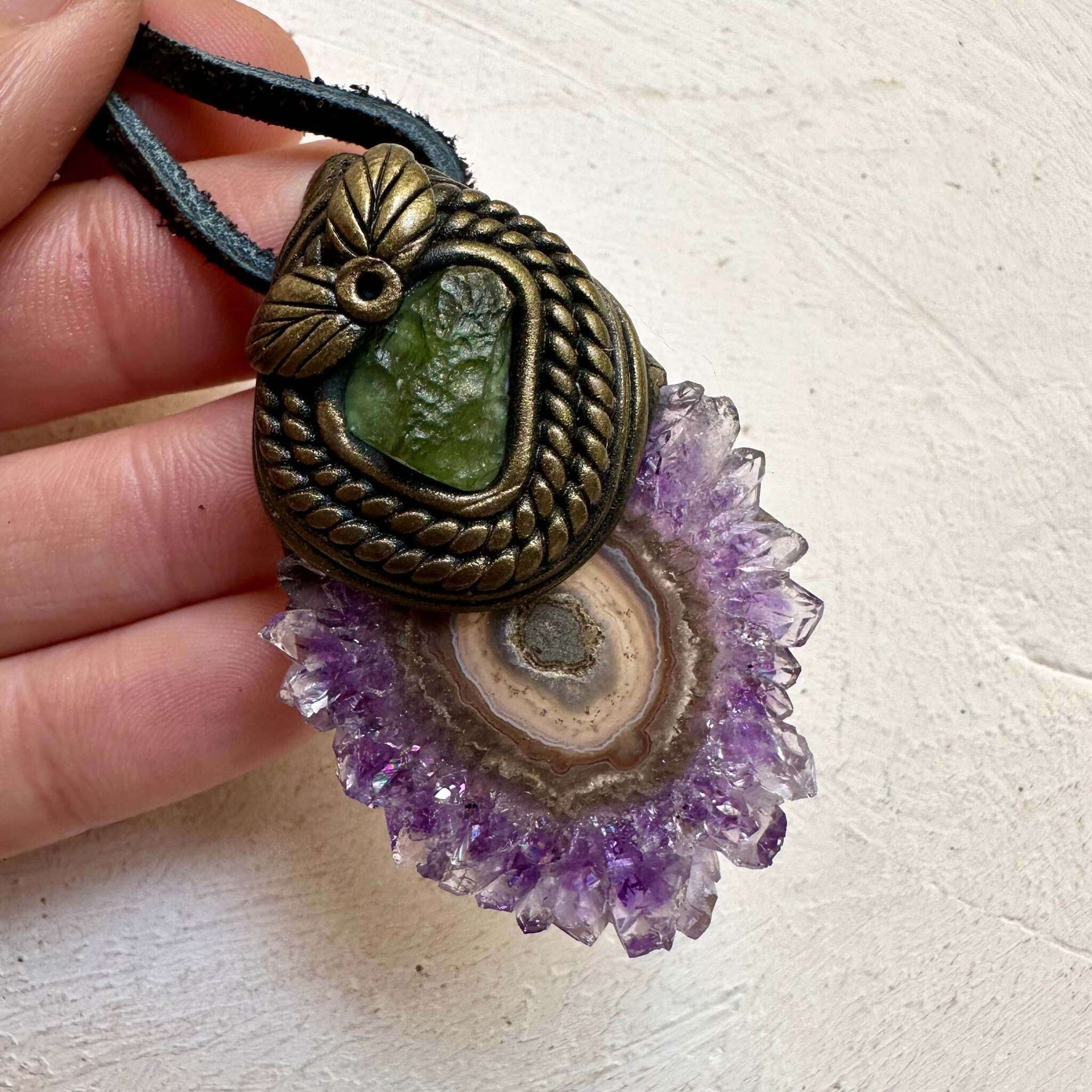Amethyst Stalactite and Moldavite Necklace