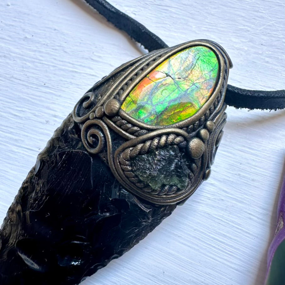 Black Obsidian Arrowhead Ammolite and Moldavite Wand/Necklace - FairyGardenGlow