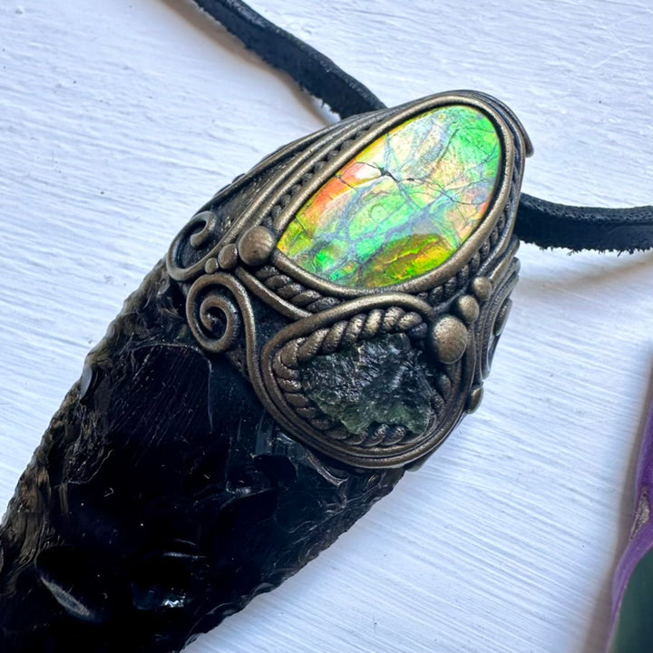 Black Obsidian Arrowhead Ammolite and Moldavite Wand/Necklace - FairyGardenGlow