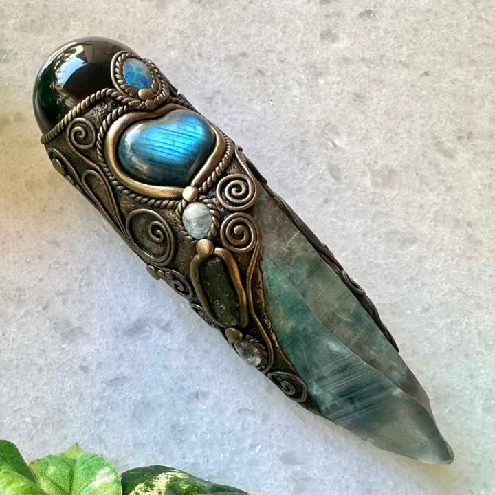 Large Aqua Aura Lemurian Quartz Obsidian Blue Labradorite Heart Australian Crystal Opal Moldavite Aquamarine and Clear Topaz Wand, Healing Crystal Tool - FairyGardenGlow