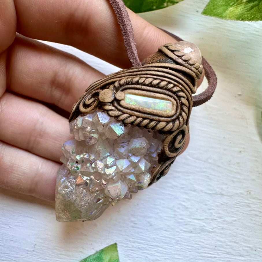 Angel Aura Spirit Quartz Morganite and Australian Opal Pendant Necklace - FairyGardenGlow