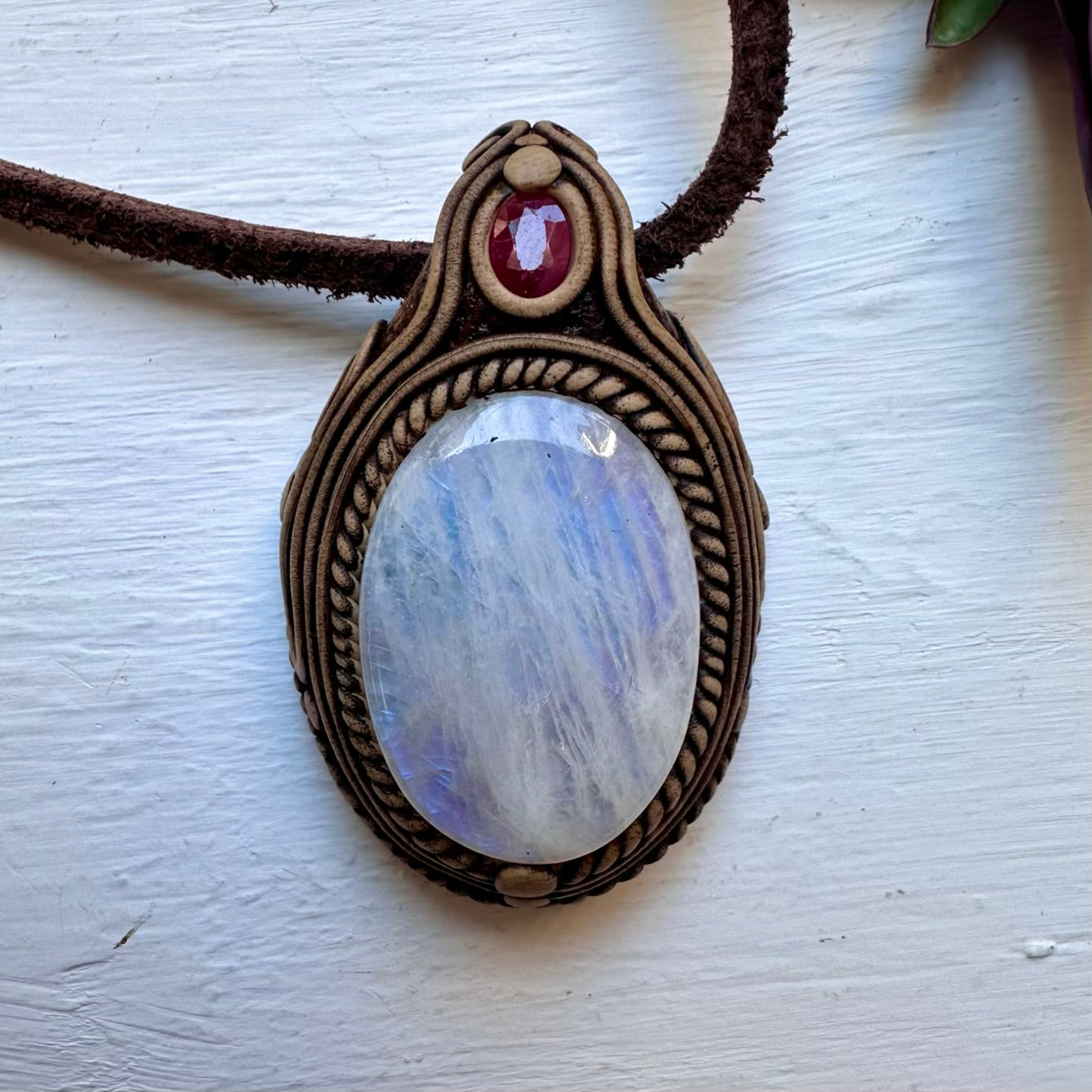 Rainbow Moonstone and Ruby Necklace - FairyGardenGlow