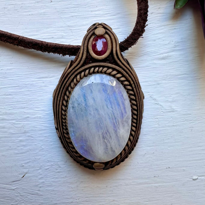 Rainbow Moonstone and Ruby Necklace - FairyGardenGlow