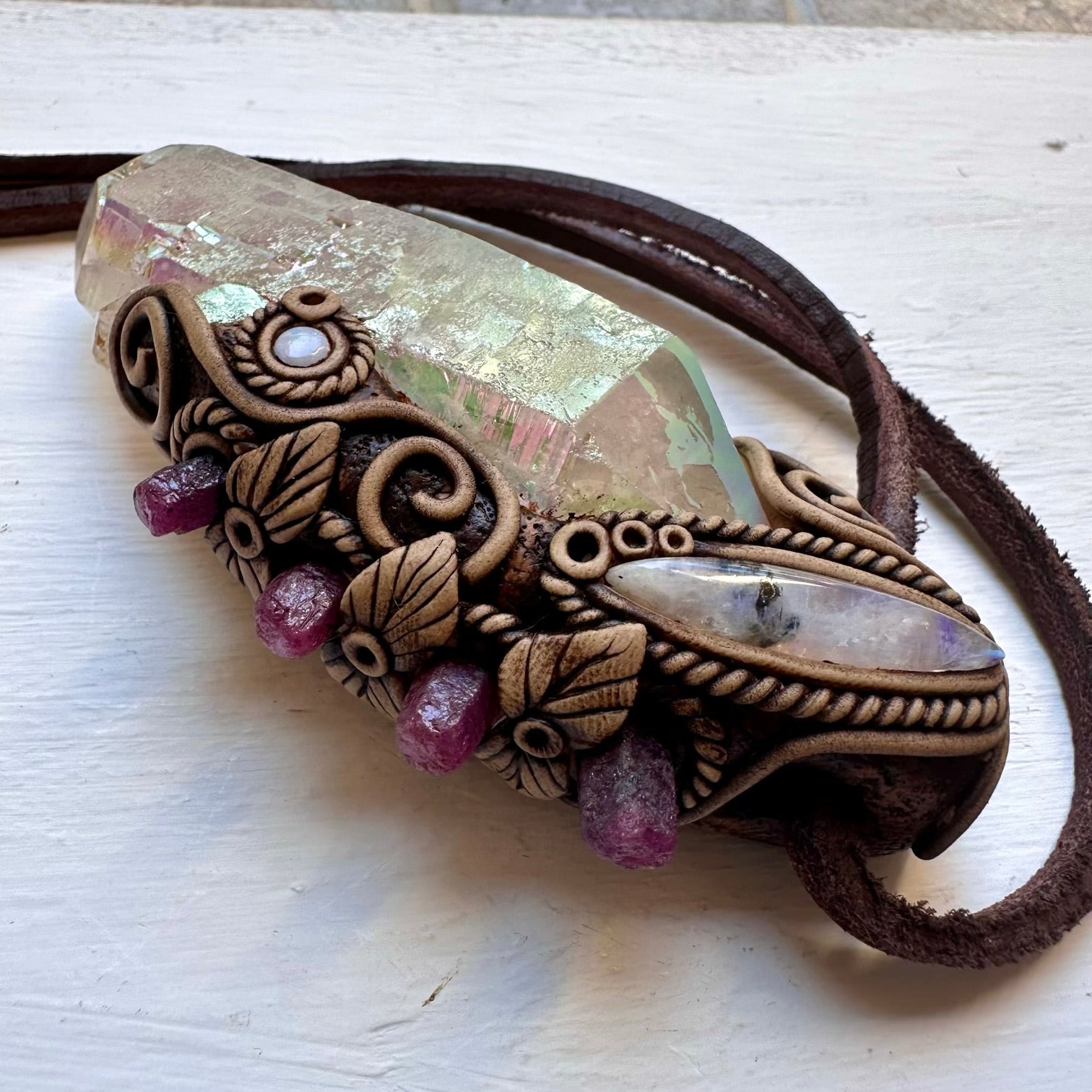 Angel Aura Quartz Ruby Moonstone and Australian Opal Wand / Pendant, Healing Crystal Handmade Wand - FairyGardenGlow