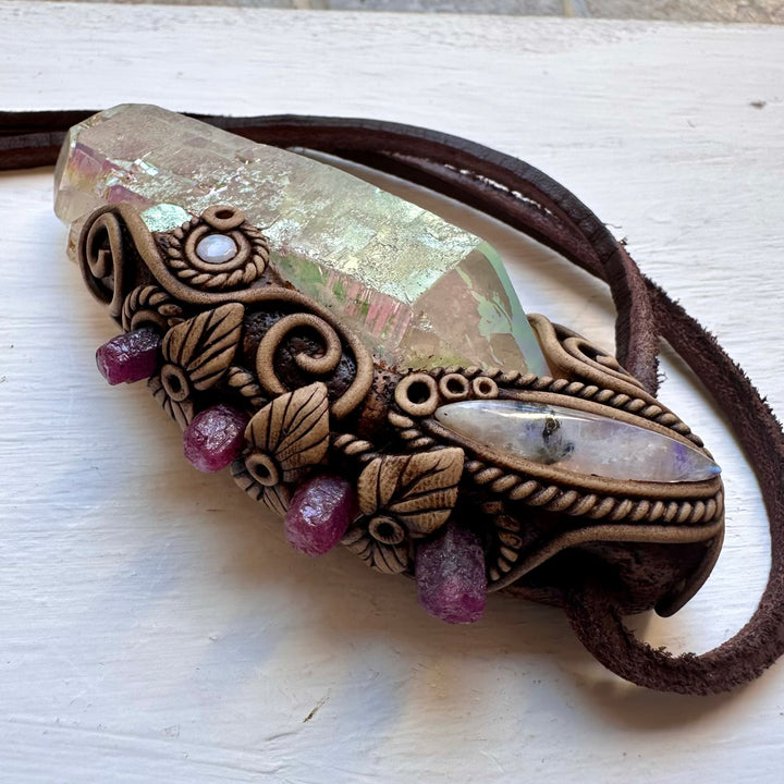 Angel Aura Quartz Ruby Moonstone and Australian Opal Wand / Pendant, Healing Crystal Handmade Wand - FairyGardenGlow