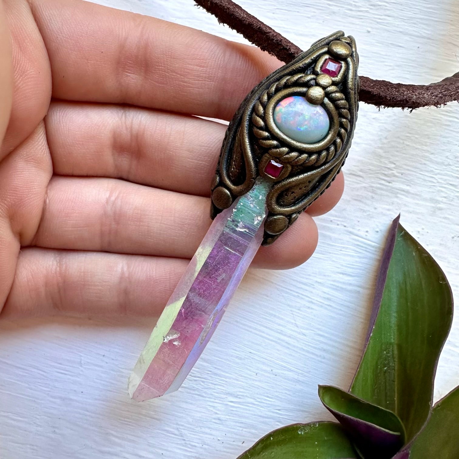 Angel Aura Quartz Australian Opal and Ruby Necklace, Handmade Crystal Pendant