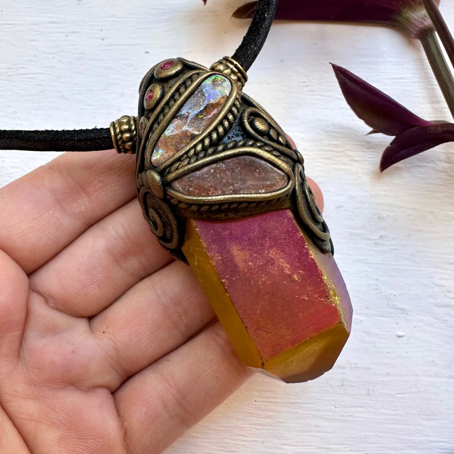 Sunset Aura Quartz Sunstone Boulder Opal and Ruby Wand / Necklace - FairyGardenGlow