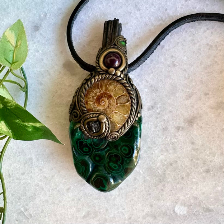 Malachite Ammonite Moldavite Black Tourmaline Ruby and Opal Wand / Healing Crystal Talisman - FairyGardenGlow