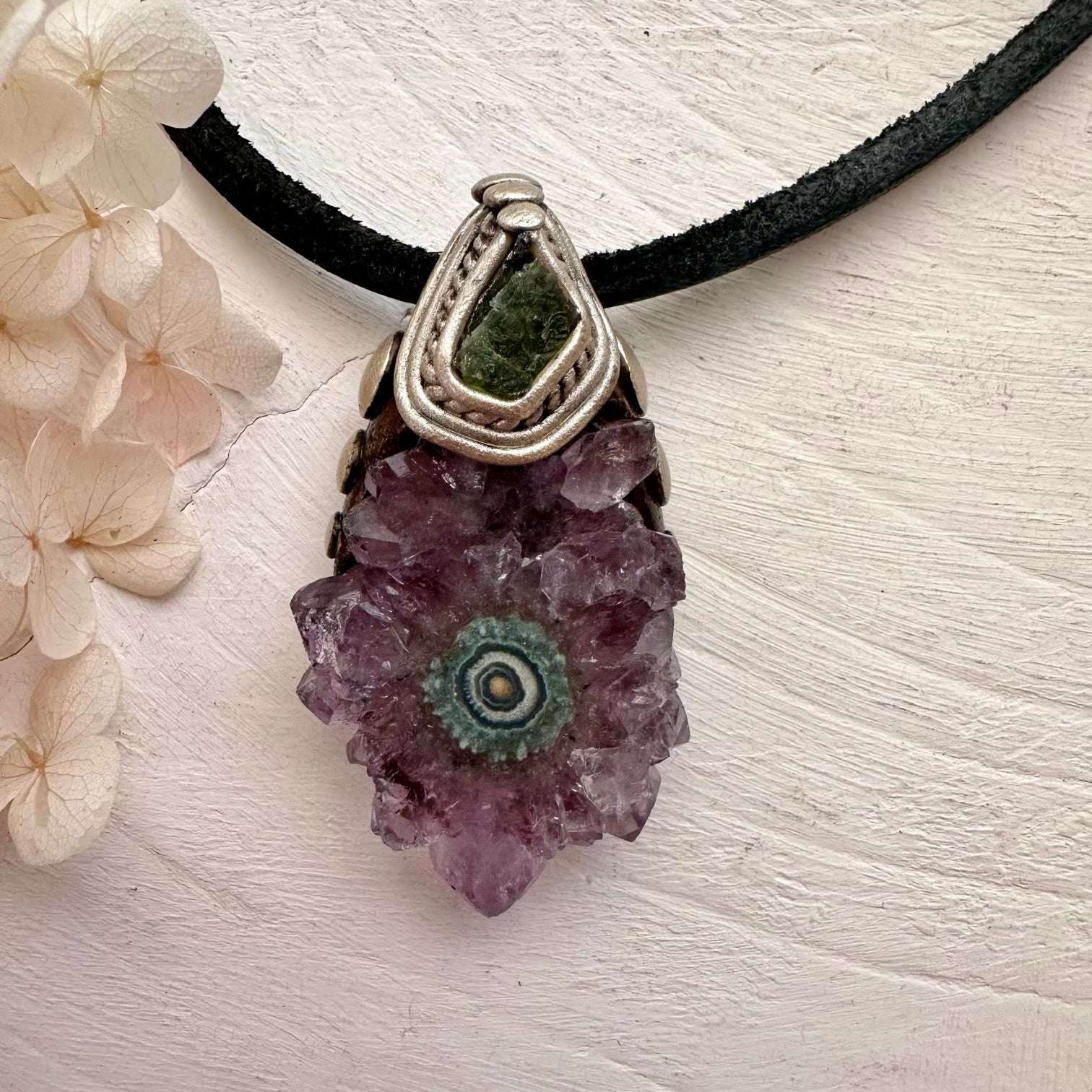 Amethyst Stalactite and Raw Moldavite Crystal Necklace - FairyGardenGlow