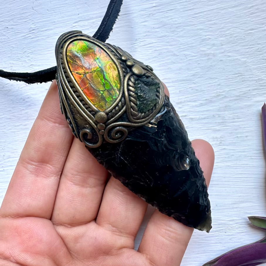 Black Obsidian Arrowhead Ammolite and Moldavite Wand/Necklace - FairyGardenGlow