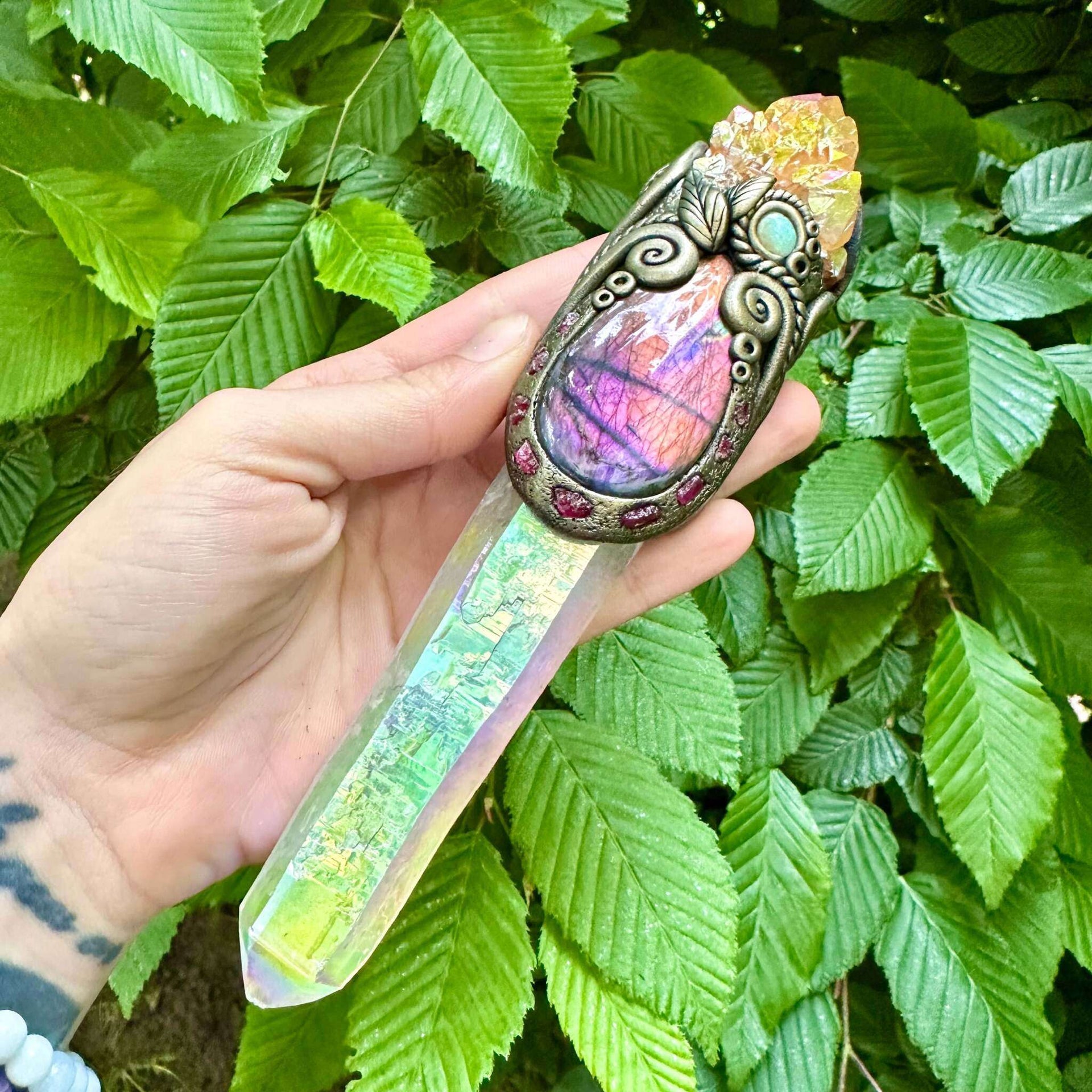 Long Angel Aura Quartz Sunset Aura Spirit Quartz Labradorite Raw Ruby and Australian Opal Wand