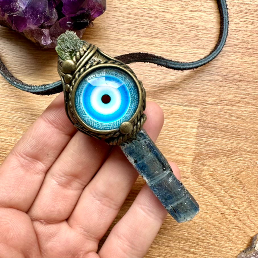 Blue Kyanite and Moldavite Evil Eye Protection Amulet, Handmade Crystal Necklace - FairyGardenGlow