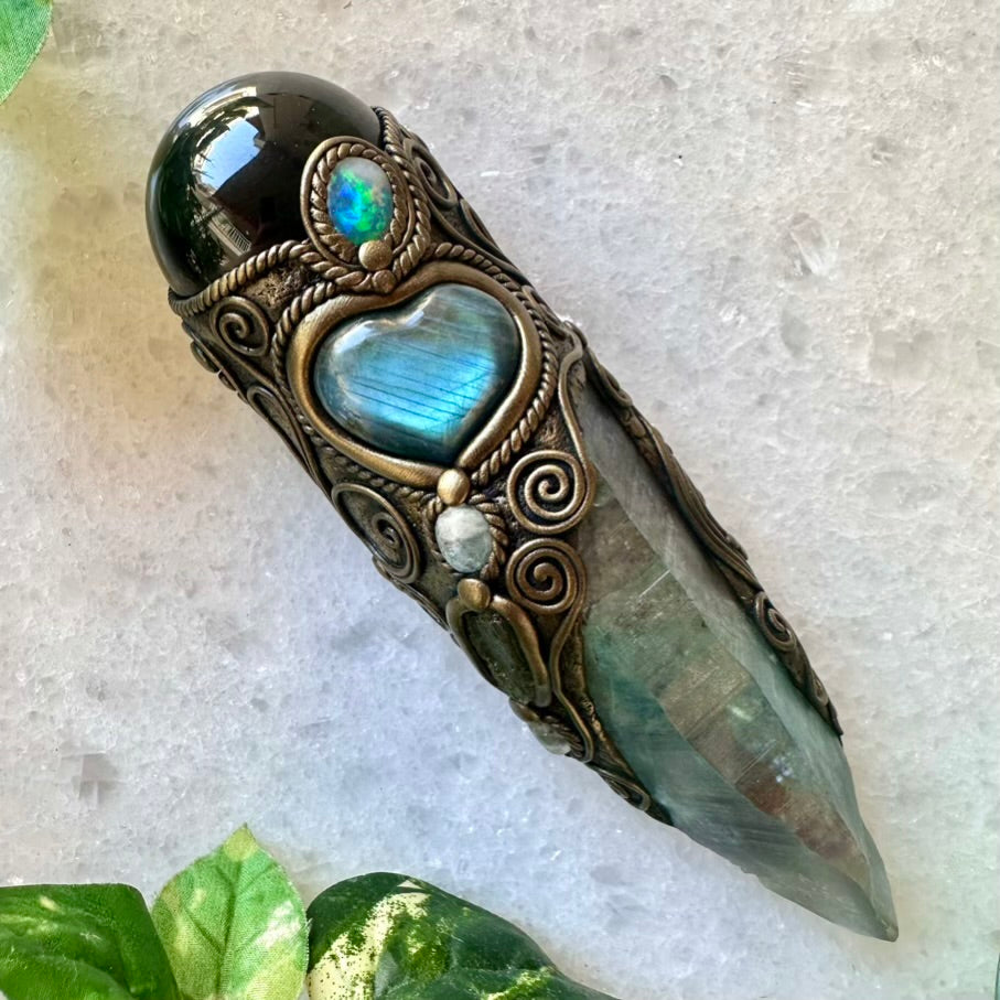 Large Aqua Aura Lemurian Quartz Obsidian Blue Labradorite Heart Australian Crystal Opal Moldavite Aquamarine and Clear Topaz Wand, Healing Crystal Tool - FairyGardenGlow
