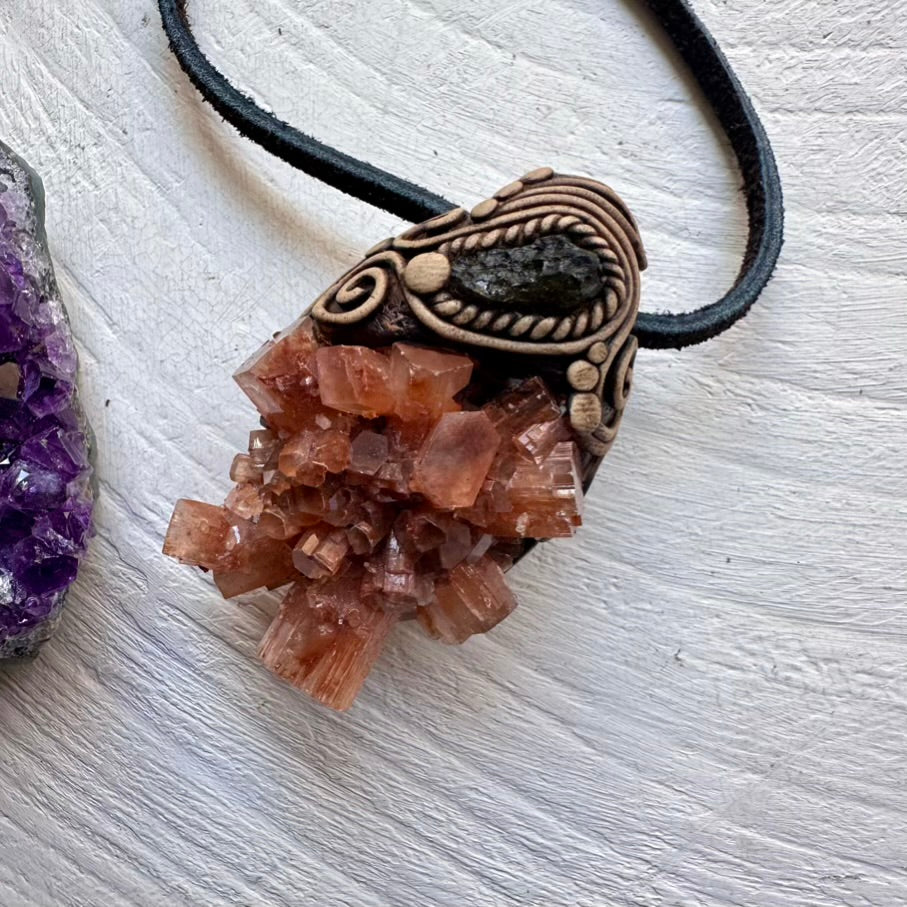 Aragonite and Moldavite Pendant - FairyGardenGlow