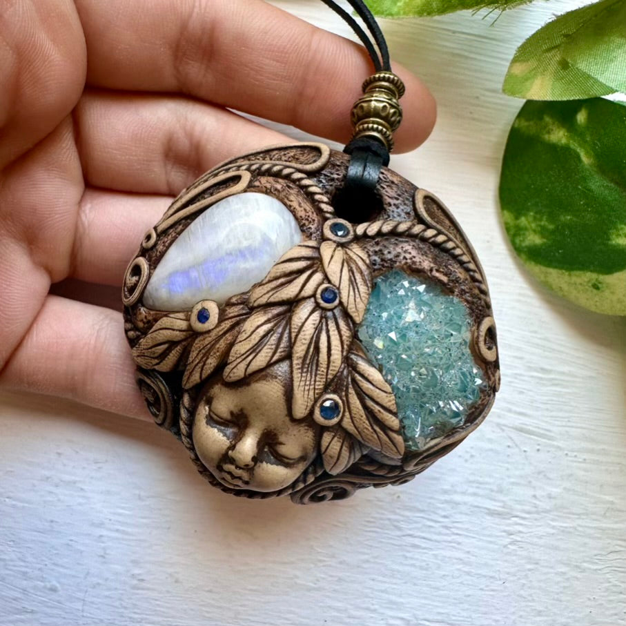 Handmade Goddess Crystal Necklace with Aqua Aura Quartz Moonstone and Blue Sapphire - FairyGardenGlow