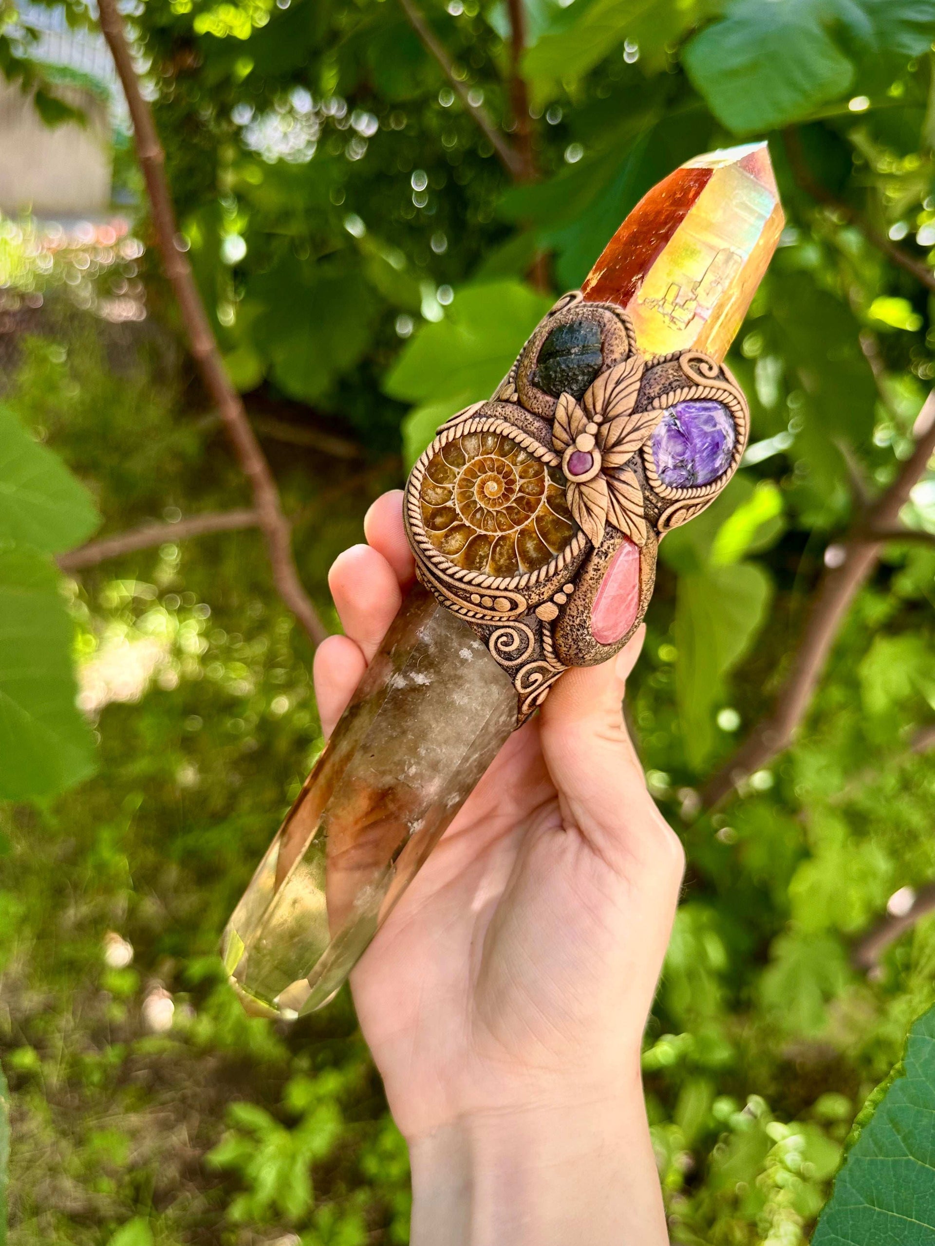 Crystal Wand - Citrine, Sunset Aura Quartz, Ammonite, Rhodochrosite, Charoite, Moldavite and Ruby - FairyGardenGlow