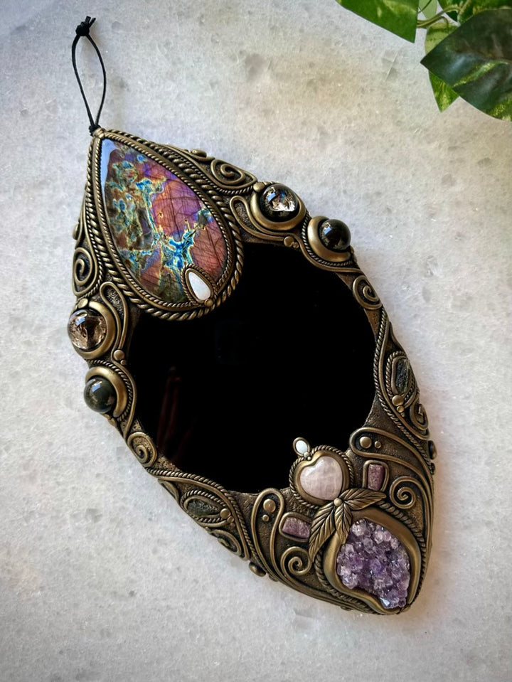 Crystal Wall Hanging - Handmade Unique Crystal Home Decor Art, with Black Obsidian Mirror, Large Purple Labradorite, Rainbow Obsidian, Smoky Quartz, Amethyst Cluster, Rose Quartz Heart, Moldavite, Ruby and Australian Opal - FairyGardenGlow