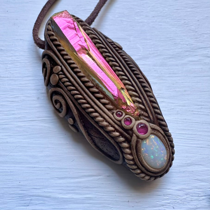 Sunset Aura Quartz Australian Opal and Ruby Necklace - FairyGardenGlow