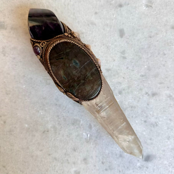 Crystal Wand - Large Lemurian Seed Quartz, Purple Fluorite Flame, Purple Labradorite, Morganite and Amethyst Wand - FairyGardenGlow